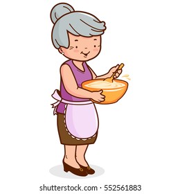 Grandma Holding A Bowl And Cooking. Vector Illustration