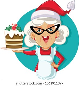 Grandma Holding Christmas Cake Vector Illustration. Vector  illustration a cute granny with holiday dessert 
