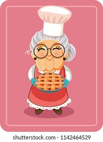 Grandma Holding Homemade Pie Vector Illustration. Vector drawing of a cute granny with home baked tart
