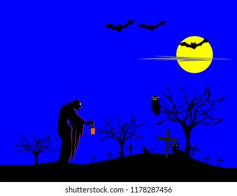 Grandma was holding a lamp to the grave,owl,cat,cross,dead tree,bat,moon,cloud, blue background
