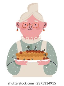 Grandma is holding a pie. Cherry pie. An elderly sweet woman is standing in an apron. Gray-haired grandmother. Flat vector illustration