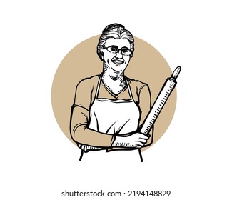 Grandma Holding Rolling Pin. Rolling Pin Kitchenware Vintage Vector. Wooden Rolling Pin Pastry Cooking Tool Ware. Bakery Kitchen Utensil Item Engraving Mockup Hand Drawn	