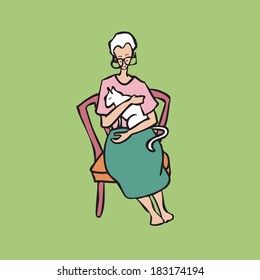 Grandma holding white cat sitting on pink chair