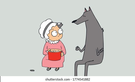 la abuela sostiene un cubo de palomitas de maíz en su mano, y mira al lobo, el lobo tiene los ojos cerrados y sostiene sus patas a los lados, la historia de la Caperucita Roja, dibujos animados, vector.