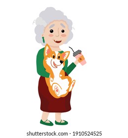Grandma holds a corgi in her arms and drinks coffee.
