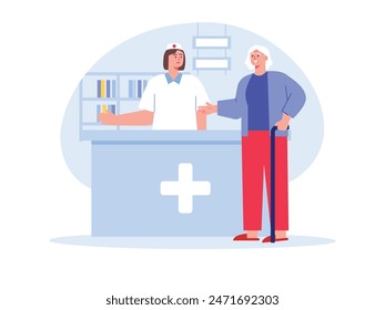 Grandma is in the hospital's care center, asking the nurse in the health treatment room. Character design. Vector flat illustration