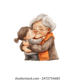 grandma hugging grandchild vector illustration in watercolor style