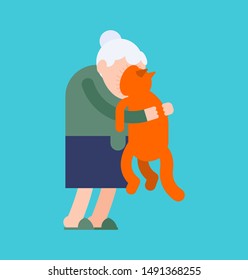 Grandma hugs cat. grandmother loves pet. granny amd home animal. vector illustration
