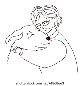 Grandma hugs her favorite dog. A pet. Happiness. Togetherness. Vector stock illustration. Isolated on white background. 