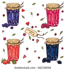Grandma jam set, strawberry, raspberry,blackberry and blueberry. Hand drawn vector illustration