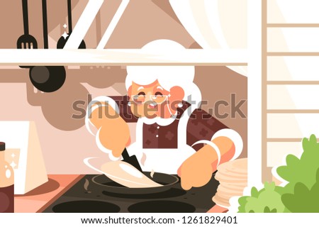 Grandma in kitchen cooking dinner vector illustration. Granny in apron and glasses baking pancakes flat style concept. Cuisine interior and home made food