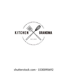 Grandma Kitchen Logo, With Cooking Equipment Elements, A Manual Mixer And A Spatula, Restaurant Logo