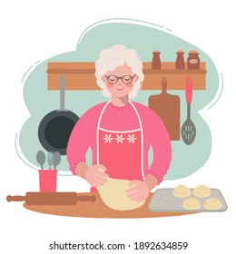 Grandma is in the kitchen rolling out the dough for buns. Illustration of an elderly woman preparing a meal.