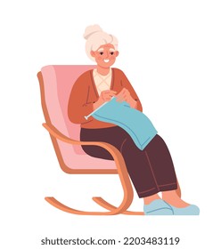 Grandma knits concept. Happy family, social media sticker. Useful hobbies and recreation, retired woman with needles and thread. Character sits on rocking chair. Cartoon flat vector illustration