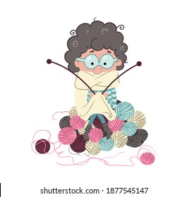 Grandma knits.Find a hobby.  Illustration in cartoon style. Quarantine activities.Things to do at home. Vector illustration.
