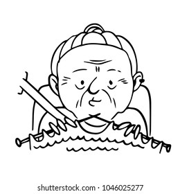 Grandma knitting in car. Vector isolated outline hand drawn illustration of old lady.