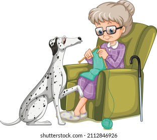 Grandma knitting with dalmatian dog illustration