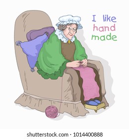 Grandma with knitting, drawing of handmade