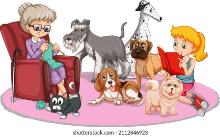 Grandma knitting with her dogs and cats  illustration