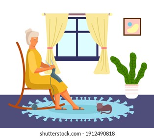 Grandma knitting in her rocking-chair, sitting at home with her cats in cozy room interior at the window. An elderly woman is engaged in her favorite hobby knitting socks for her grandchildren