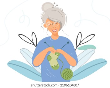 Grandma is knitting outside. Knitting clothes, an elderly woman on the background of plants knits socks. Vector close-up in cartoon flat style. The concept of knitting as a hobby, leisure, recreation