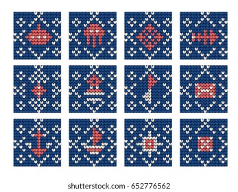 Grandma knitting pattern vector set for Ugly Sweater. Sea and Ocean