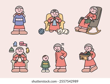 Grandma is knitting. She is sitting in a rocking chair, making a sweater and putting it on her grandson. There is a cat at Grandma's feet. Cuttiny character with outline.