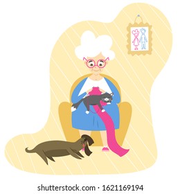 Grandma with knitting sitting in chair surrounded by funny cat and dog