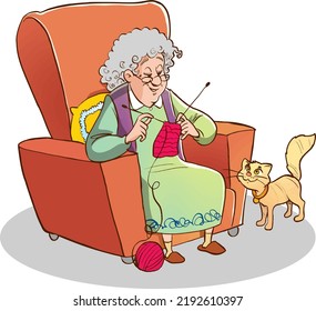 Grandma Knitting Sitting On Sofa Vector Illustration