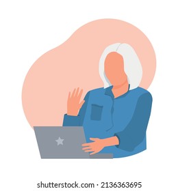  Grandma with laptop, communicate with family, friends. Woman is working online, waving hello,chatting, shopping, educating