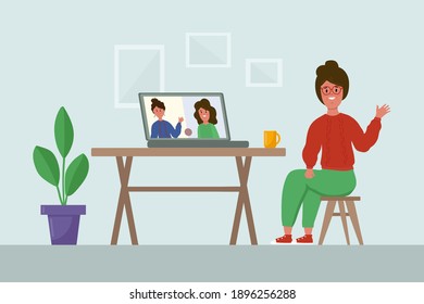 Grandma with a laptop. Concept of home office, apartment interior. Illustration of people with a computer at home in a flat style. The elderly and social networks. Online chat, phone or video call. 