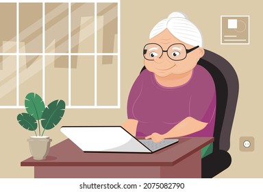 Grandma with laptop vector. Cute cartoon senior woman is surfing in Internet. Home office and video conference for old people.