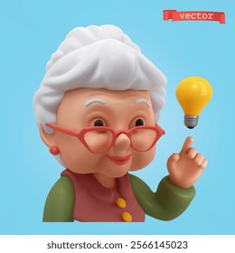 Grandma with a light bulb. 3d render vector cartoon icon