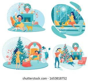 Grandma and Little Girl by Cozy Fireplace. Brunette Spending Winter Night at Home with Hot Chocolate and Cat. Mom and Daughter by Shopping Mall Christmas Decoration. Happy Family Celebrating Together.