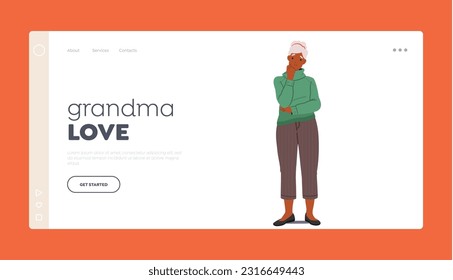 Grandma Love Landing Page Template. Contemplative Senior Woman With A Reflective Expression, Portraying Wisdom, Experience, And A Deep Sense Of Thoughtfulness. Cartoon People Vector Illustration