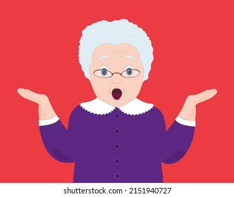 grandma makes a confused expression on her face. an elderly retired woman shrugs her shoulders in confusion, vector illustration