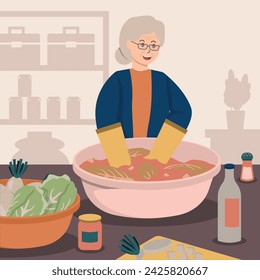 Grandma making kimchi in the kitchen illustration