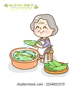 Grandma making zongzi sticky rice dumpling.
