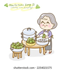 Grandma making zongzi sticky rice dumpling.
