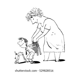 Grandma Or The Nanny Accompanies Her Grandson To School. Adults And Children. Morning Boy. Black And White Sketch Drawing