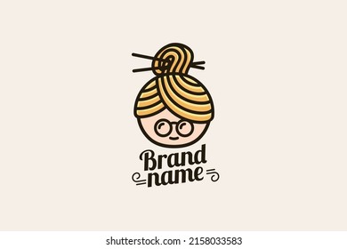 grandma noodle logo with a combination of grandma's face, noodles and chopsticks.