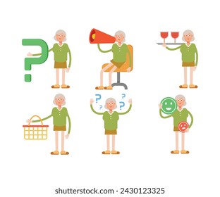 grandma or old woman character in various poses vector illustration