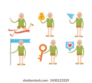 grandma or old woman character in various poses vector illustration