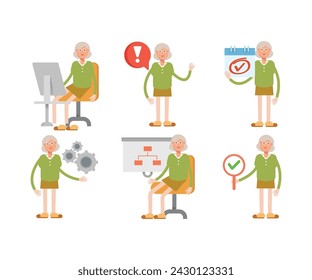 grandma or old woman character in various poses vector illustration