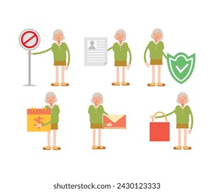 grandma or old woman character in various poses vector illustration