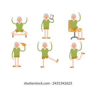 grandma or old woman character in various poses vector illustration