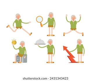 grandma or old woman character in various poses vector illustration