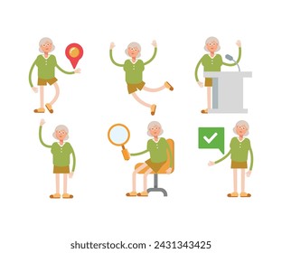 grandma or old woman character in various poses vector illustration