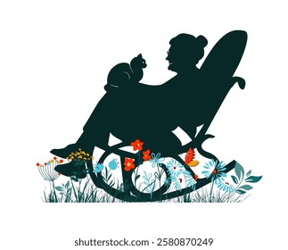 Grandma on a rocking chair with a cat. Old woman on retirement sitting in wooden rocking chair . hand drawn. Not AI, Vector illustration.