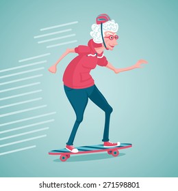 Grandma on a skate. Old woman in a pink  	
sweatshirt  are skating.